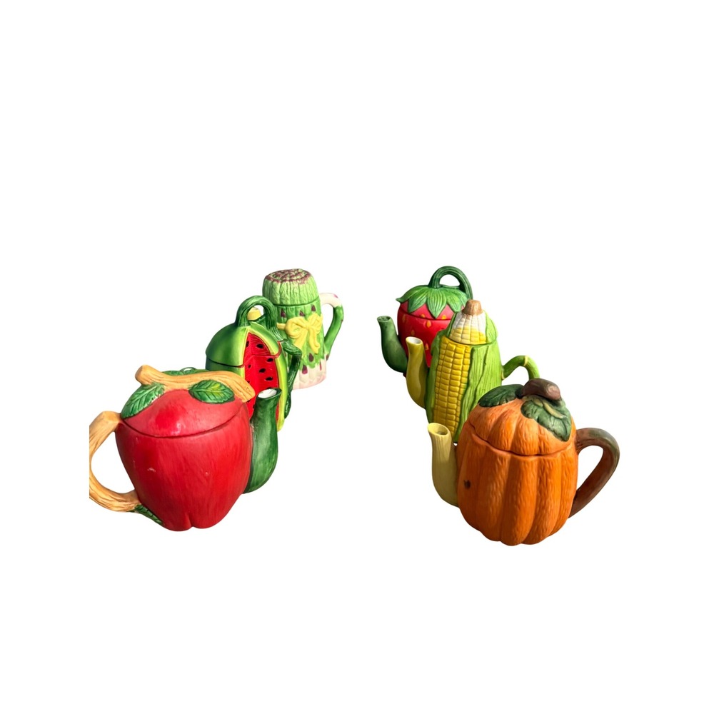 Vintage Style Ceramic Fruit Vegetable Miniature Teapot Set 6pc Apple Corn Set